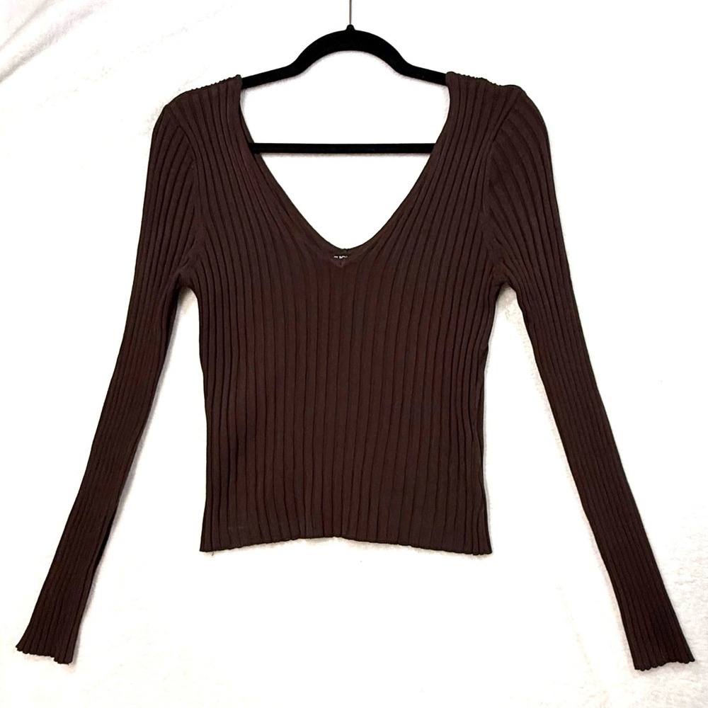 Fashion Nova 1X Cropped Ribbed Knit VNeck Long Sleeve Sweater Top Brown Academia